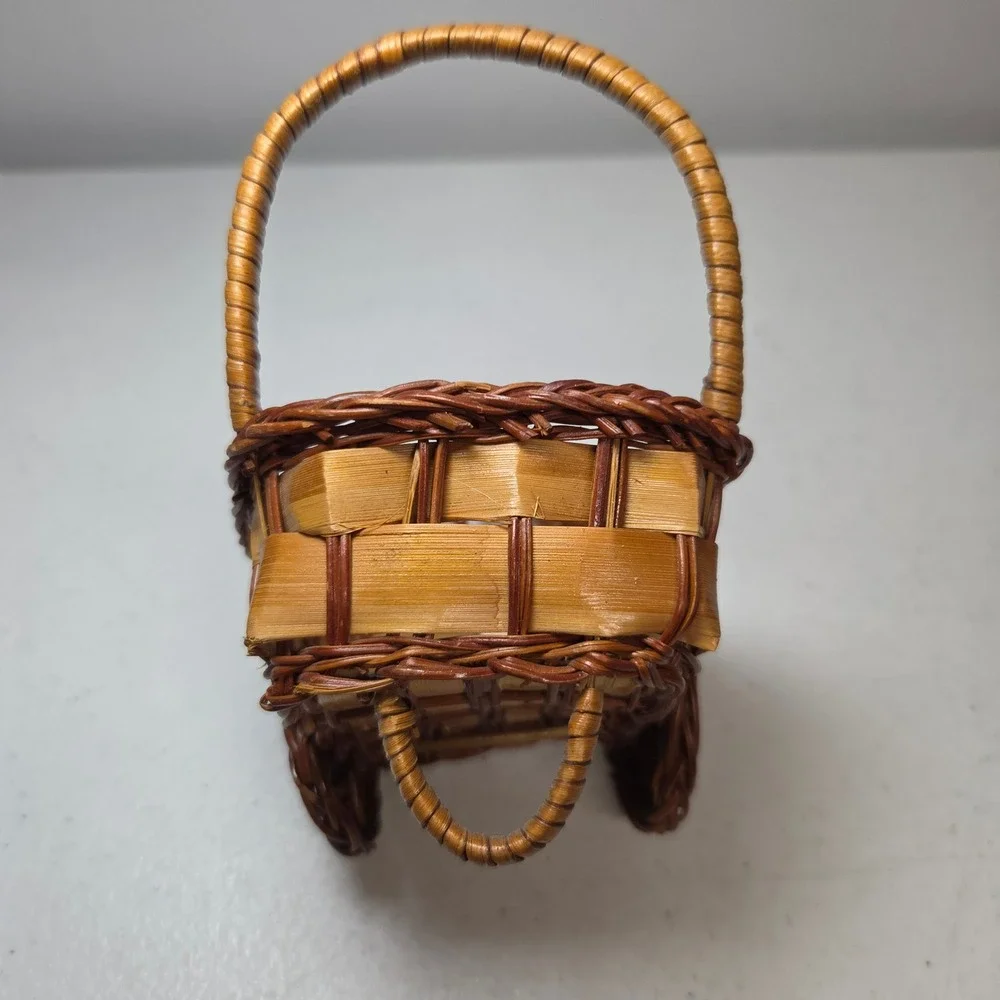 Vintage‎ Miniature Wicker Basket Wagon Small Decorative Cart Brown Wood